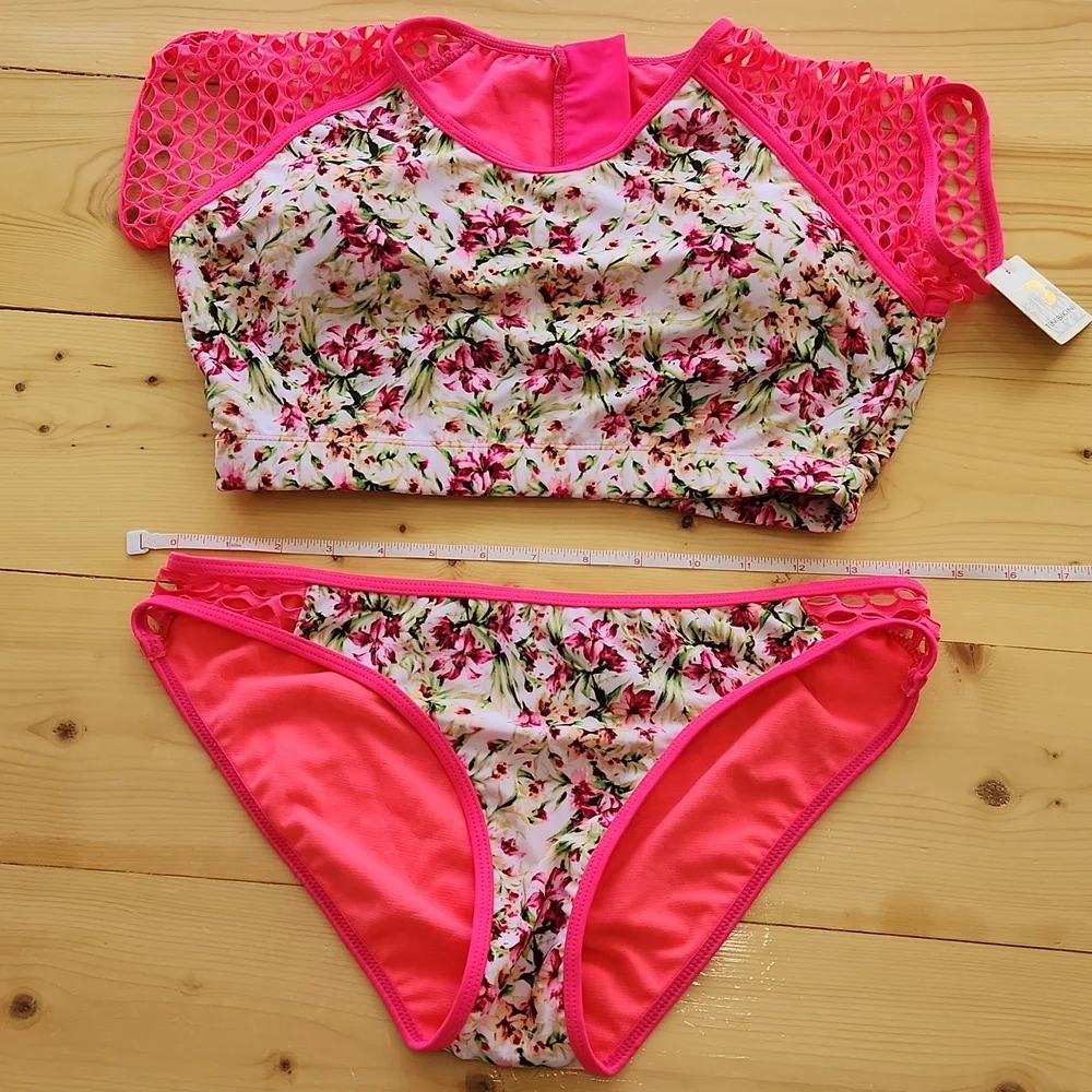 TINIBIKINI Swimwear 2 Pc Swimsuit Crop Top And Bottom Neon Floral M - Picture 11 of 12